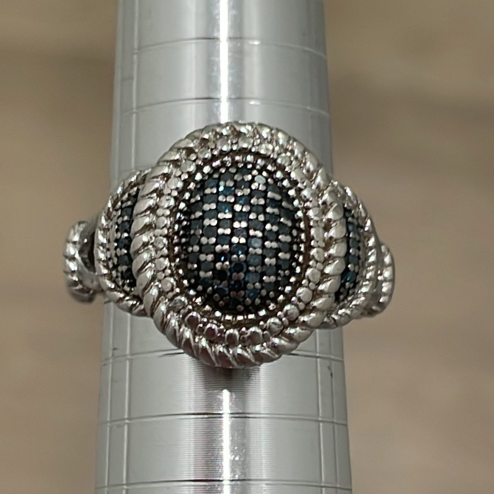 Blue Diamond.40 Carat 925 Silver Rope Design Ring Size 9
